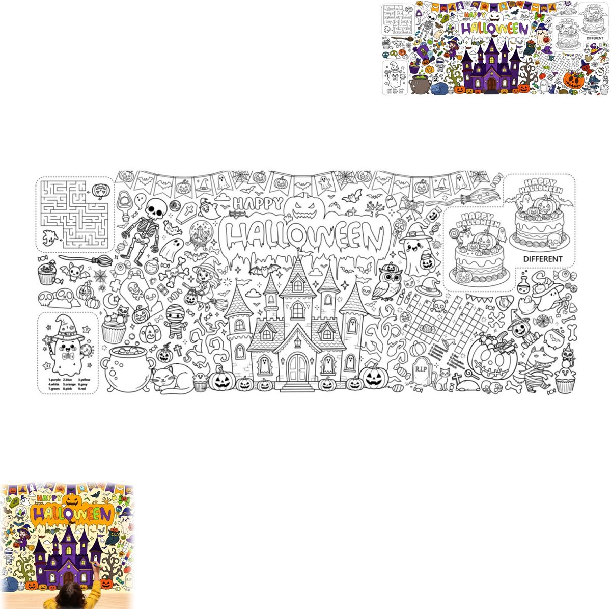 1 stuk - Halloween kleurtafelkleed - Halloween knutsel kleurposter - Multifunctionele kleurbanner - Pompoenkasteel poster 76*183 cm - Decoratief Halloween tafelkleed - Geschikt voor zelfgemaakte Halloween feestartikelen, decoraties en cadeaus