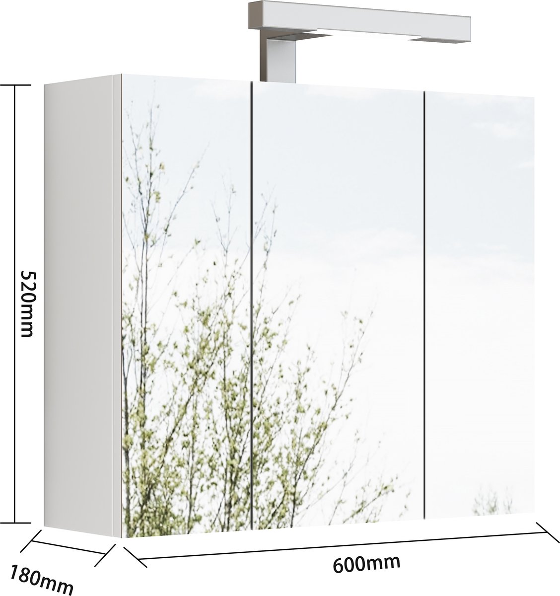 REDOM - Spiegelschrank met 3 deuren - LED-verlichting - Wandmontage - Verstelbare glazen planken - Badkamer - MDF en glas - Wit - 60 x 18 x 52 cm