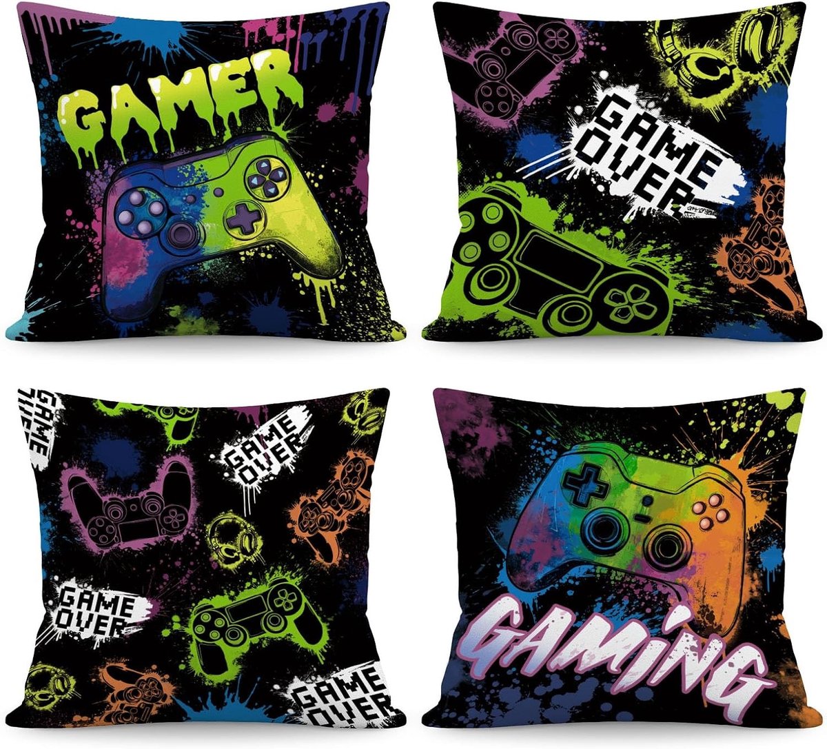Set van 4 Kussenhoezen voor Gamers - Graffiti Design, Fluweel, 45 x 45 cm voor Game Room en Jongerenkamers