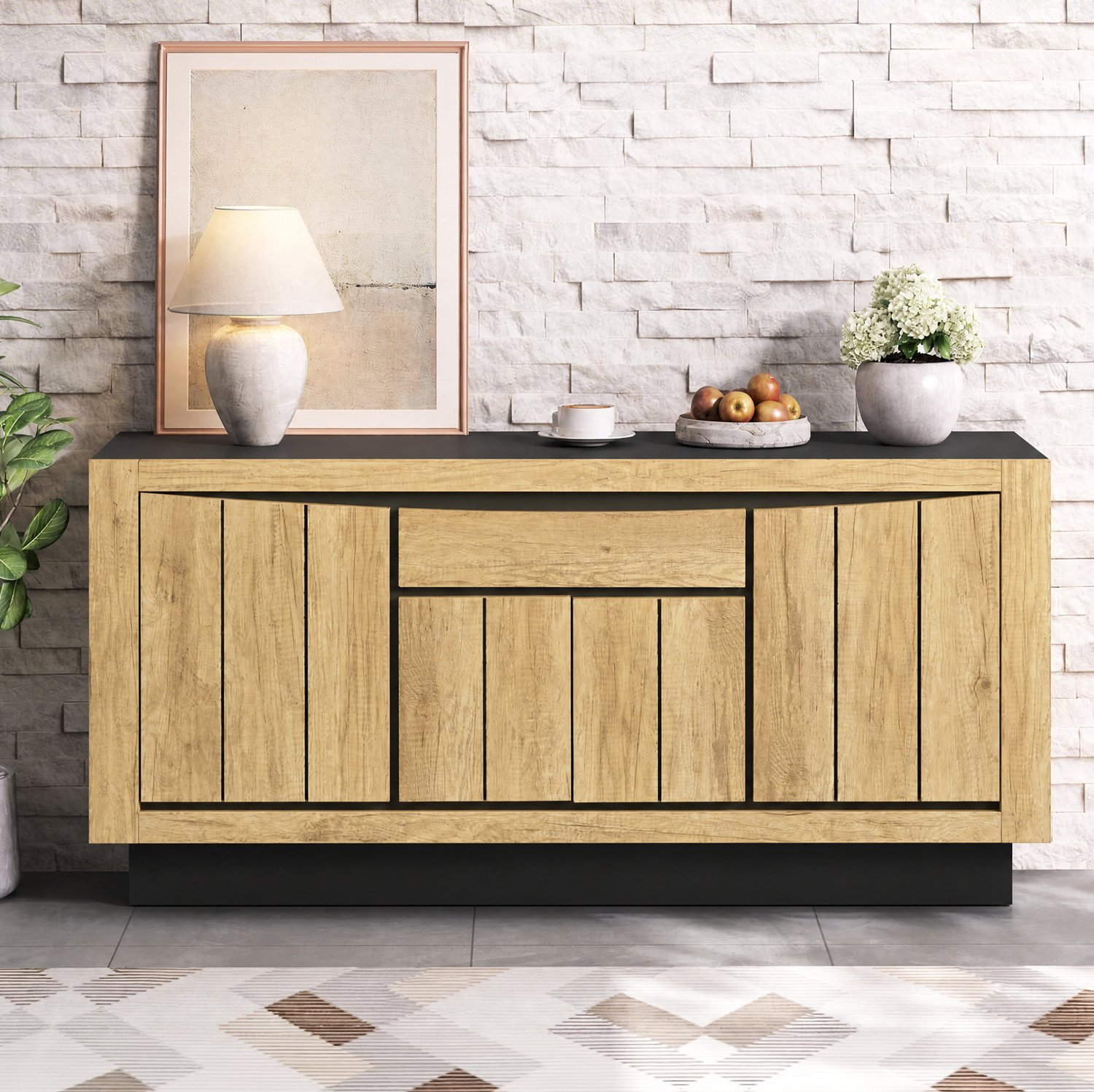 COVREO Dressoir met 4 deuren – Sideboard met 1 lade – Opbergkast voor woonkamer – 140x40x60 cm – Houtkleur en zwart