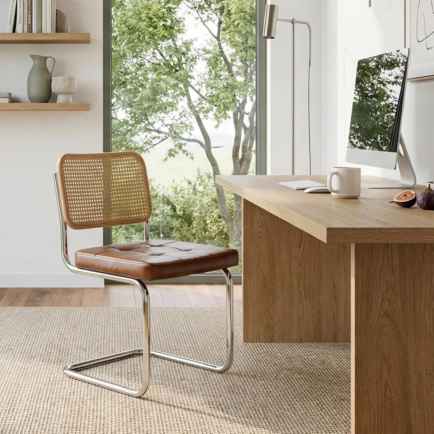 Retro rotan eetkamerstoelen met bruine PU-zitting en goudkleurige metalen poten, set van 2 – 52 x 50 x 82 cm