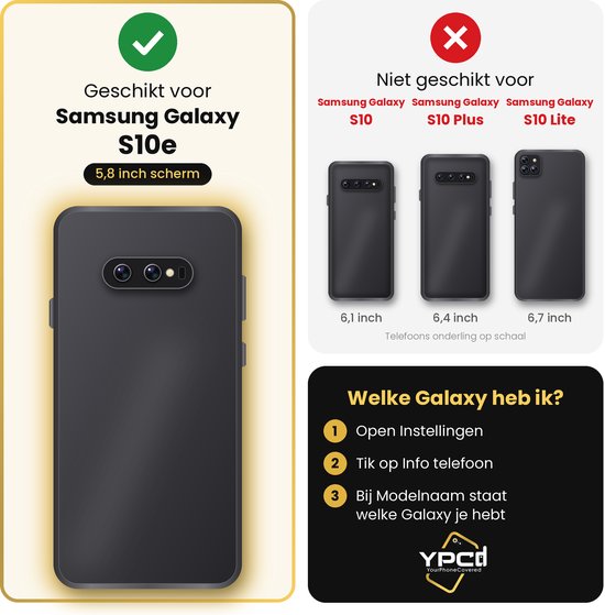 Compatibiliteitsoverzicht: hoesje geschikt voor Samsung Galaxy S10e (5,8 inch), niet voor S10, S10 Plus of S10 Lite.