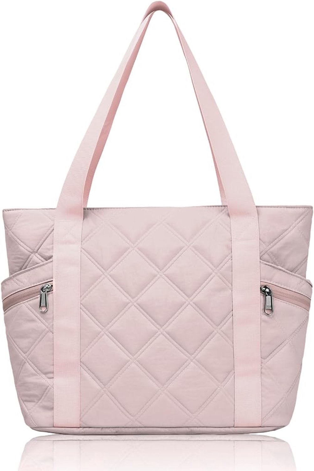 Shopper dames - Gewatteerde schoudertas voor werk - Grote handtas met ruitpatroon - Laptopvak met klittenbandsluiting - Negen verschillende opbergvakken - Polyester met dubbele naden - Lichtroze - 39,6 x 16 x 32 cm