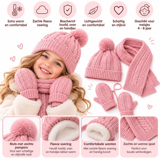 Roze gebreide winterset voor meisjes met fleece voering en productkenmerken in tekst en beeld.