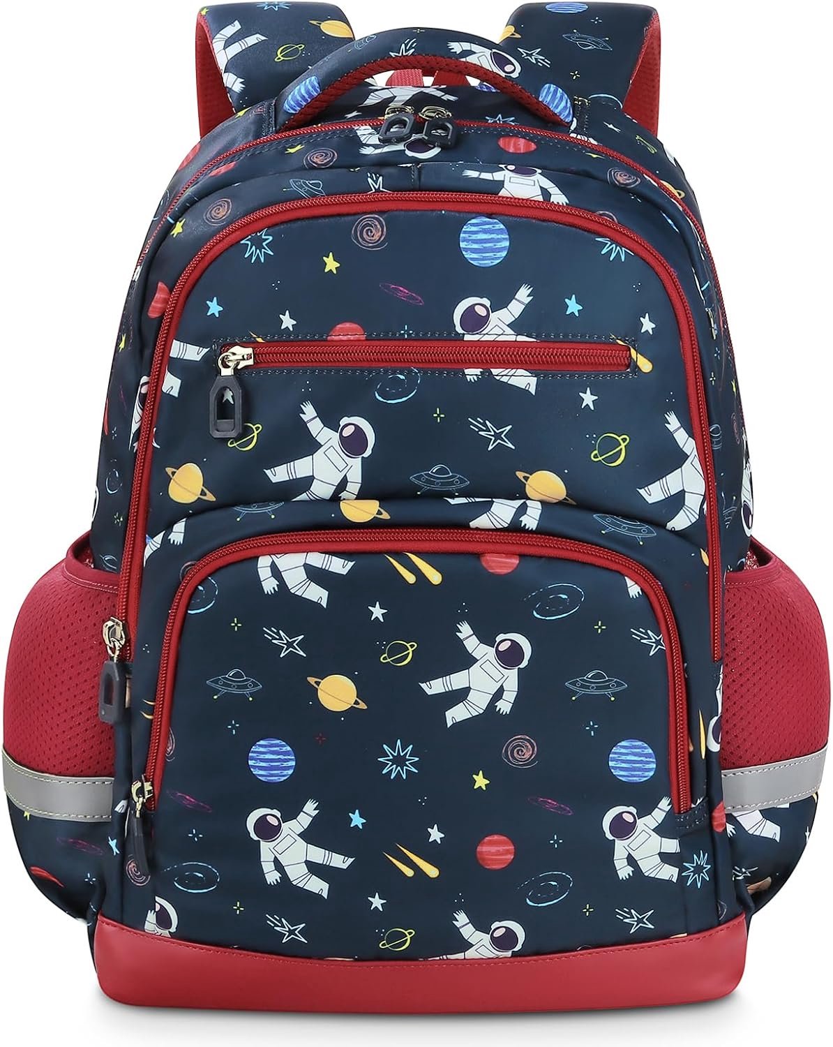 Kinderrugzak - Schooltas met astronautenmotief - Boekentas voor dagelijkse avonturen - Comfortabele gevoerde schouderbanden - Reflecterende details en draaggreep - Waterafstotende Oxford buitenstof - Donkerblauw rood - 43 x 32 x 14,5 cm