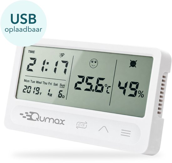 Qumax Digitale Hygrometer Binnen - Thermometer voor binnen - Luchtvochtigheidsmeter met halfjaar Accu - Wit