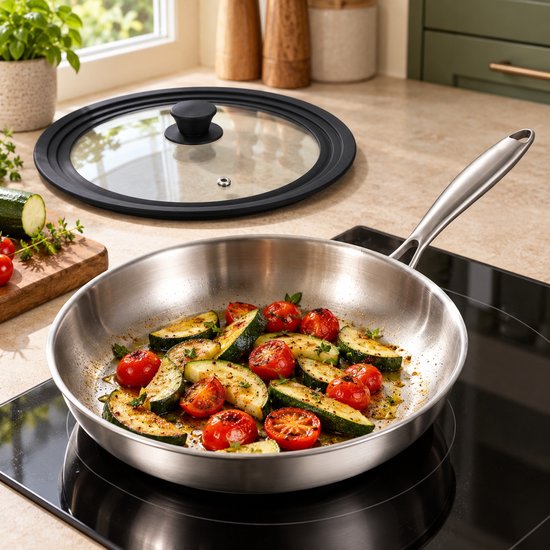 Roestvrijstalen koekenpan op inductiekookplaat gevuld met gebakken courgette en tomaat, met deksel ernaast.