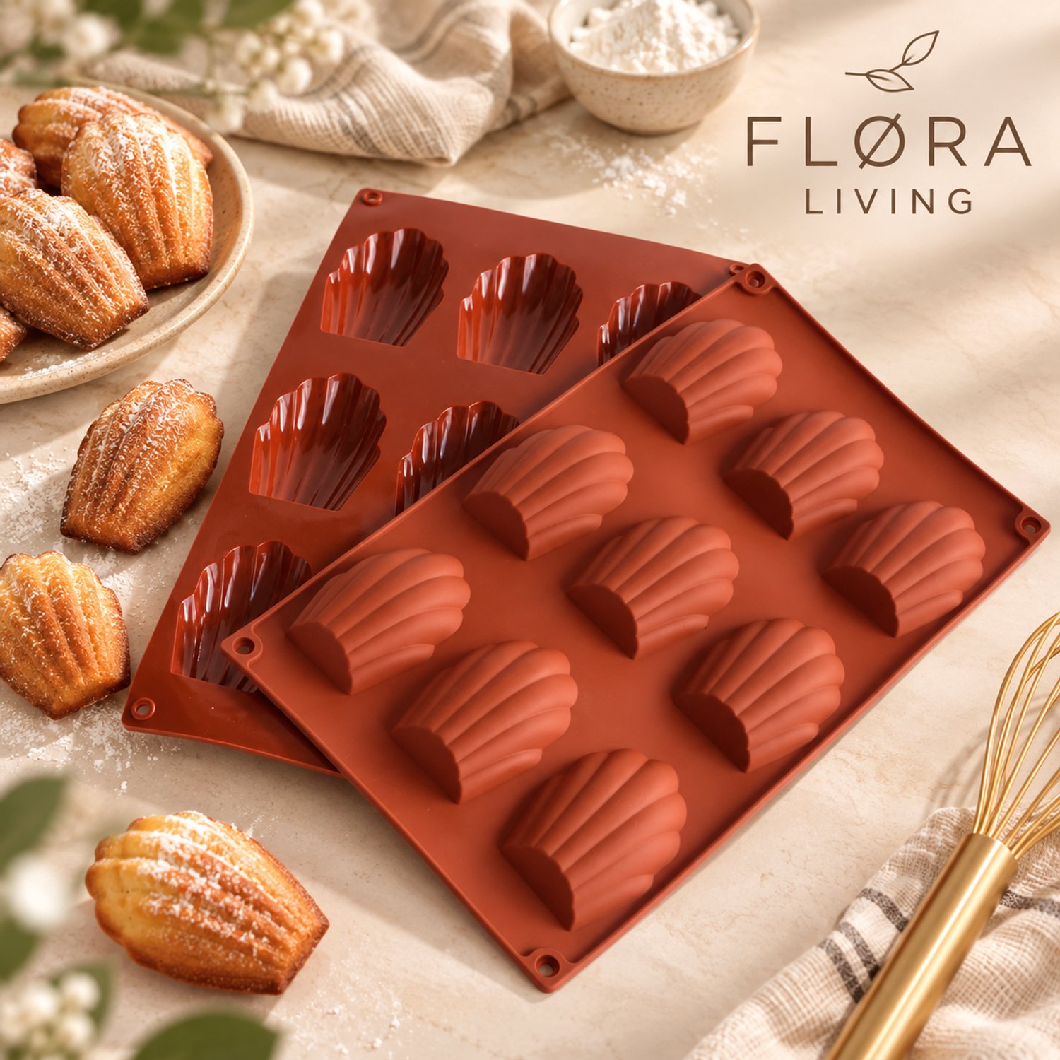 FLØRA Living Madeleine Bakvorm Siliconen - 9 Madeleines - Roodbruin - BPA-vrij