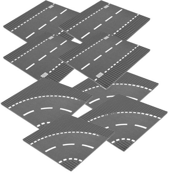 Set van 8 grijze bouwplaten met wegmarkeringen, inclusief 4 rechte stukken en 4 bochten.