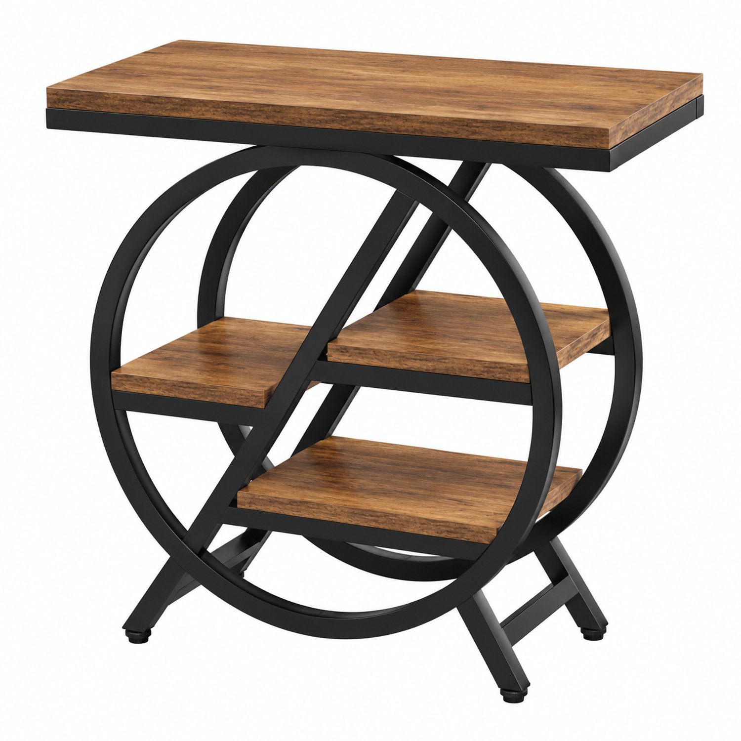 MokoHub Bijzettafel 3-Laags - Smalle Bankbijzettafel met Opbergruimte - Geometrisch Metalen Frame - 65x30x66.5 cm - Lichtbruin