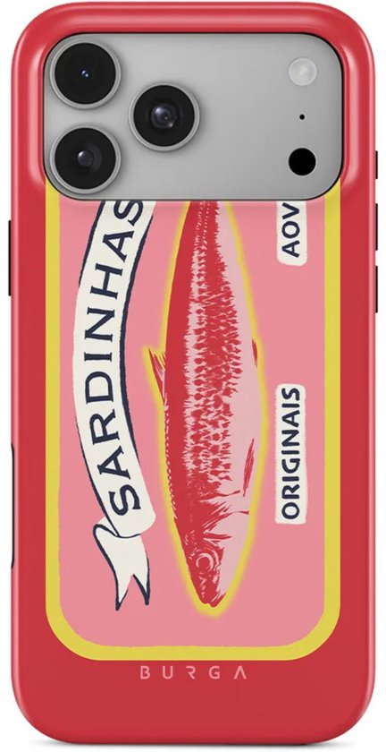 Rood telefoonhoesje met een sardine in blik design, tekst SARDINHAS en ORIGINAIS op een roze achtergrond.