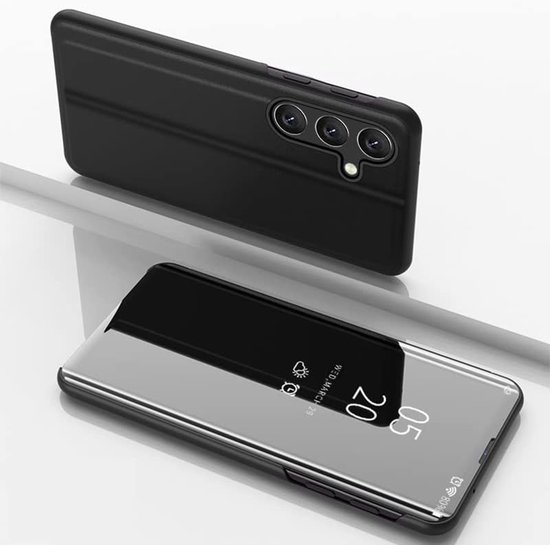 Zwarte flip cover voor Samsung Galaxy S26 Plus met spiegelend venster en tijdsaanduiding.