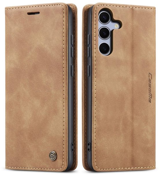 Lichtbruin lederlook bookcase voor Samsung Galaxy S26 Plus met CaseMe logo en uitsparing voor camera.