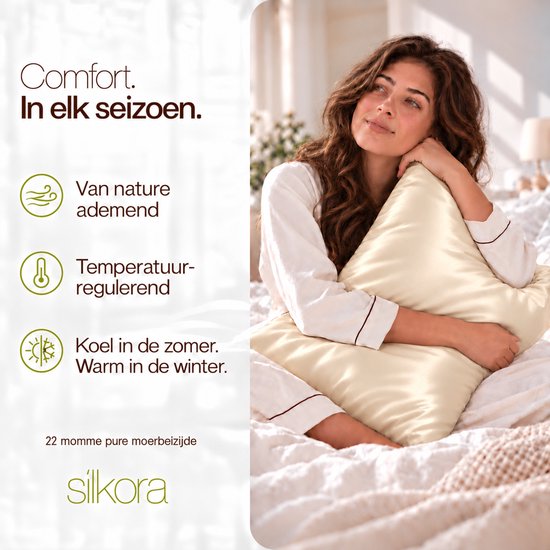 Silkora Premium Silk Pillowcase - 50x70 cm - 22 Momme 100% Moerbei Zijden Kussensloop Met Verborgen Rits - Anti-rimpel, Verkoelende, Anti-pluis - Champagne — cadeau in Wonen & Interieur - foto 5