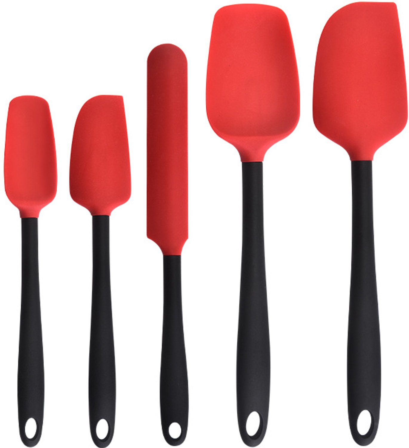 5-delige siliconen spatelset – Hittebestendig, voedselveilig siliconen, verbeterde extra lange en versterkte handgrepen, vaatwasserbestendig – Ideaal voor bakken en koken (rood-zwart kleurblokdesign)