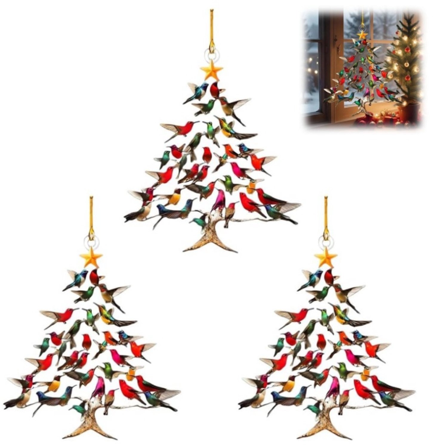 3 stuks Kolibrie Kerstornamenten, Kleurrijke Vogel Kerstboom Hangers, Kerst en Winter Huisdecoratie voor Vogelliefhebbers