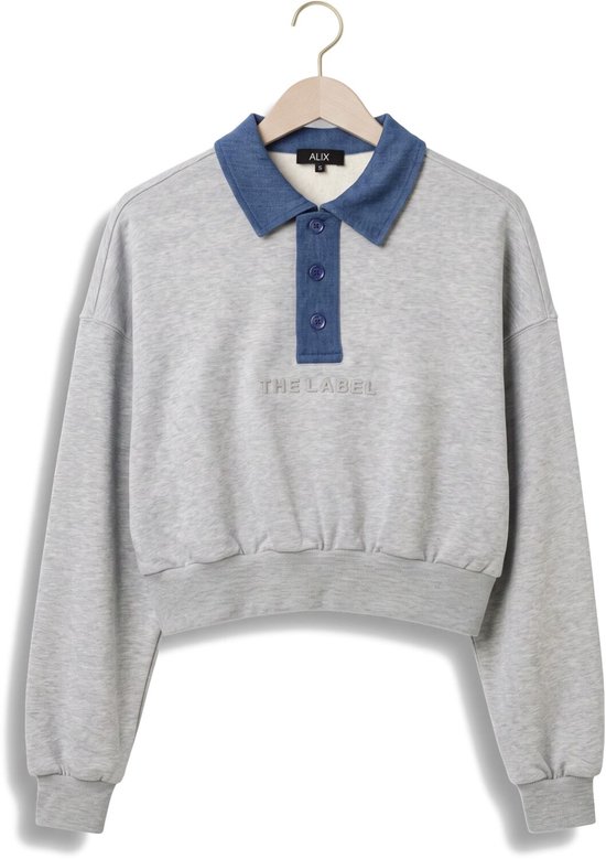 Grijze sweater met blauwe denim kraag en knopen, tekst 'THE LABEL' en geribbelde boorden.