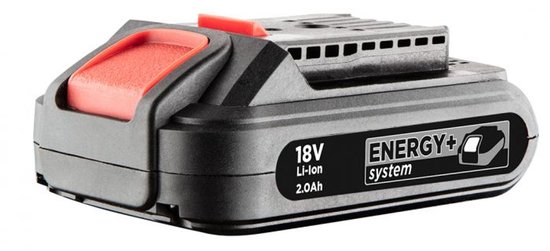 Zwarte Graphite 18V Li-ion Energy+ accu van 2.0Ah met rode ontgrendelknop.