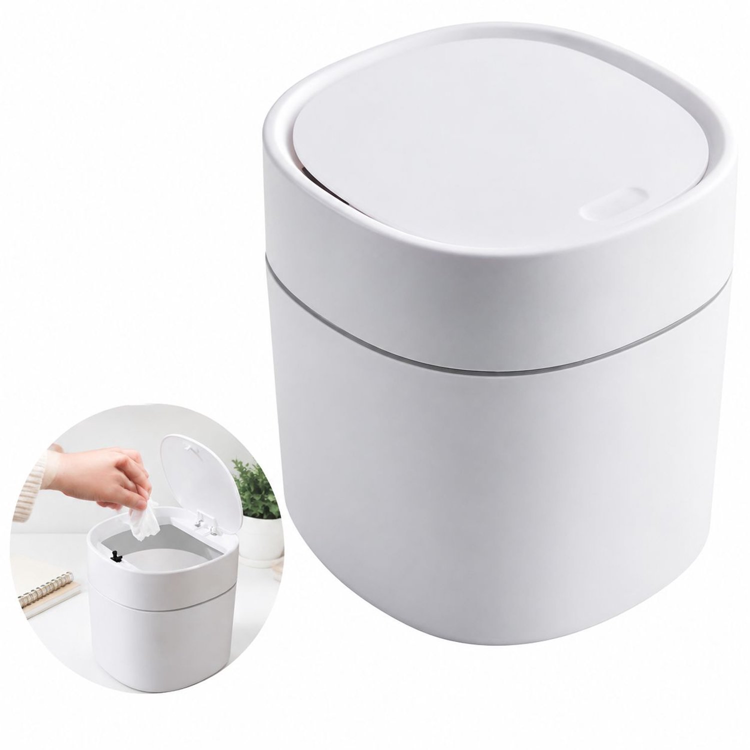 VHV - Mini prullenbak - Tafelvuilnisbak met deksel 2 liter - Witte compacte afvalbak voor bureau, kaptafel en badkamer