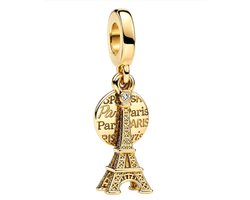 Fler® | Bedel | Past op populaire bedelarmbanden (standaard - 3mm) | Goudkleurige Eiffeltoren Bedel – Parijs – Frankrijk – Reizen | Hangbedel Charm | 925 sterling zilver | Transparante zirkonia | Valentijnsdag Cadeau | Sinterklaas kado | Kerstcadeau