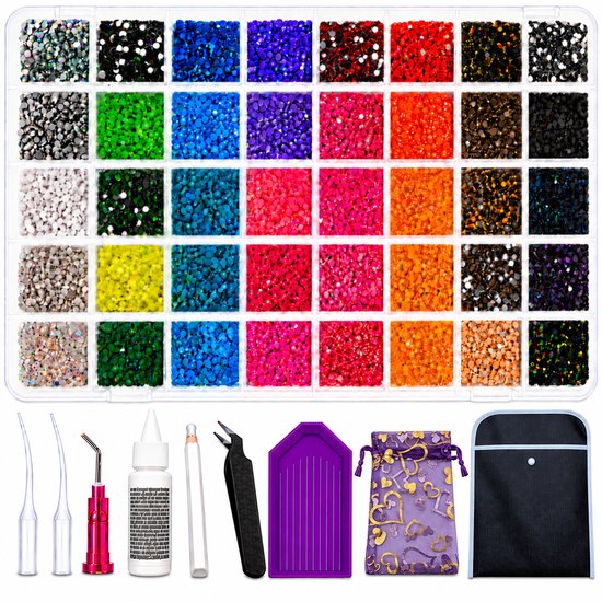 Set met 40 kleuren strass-steentjes in verdeelbak, inclusief precisietips, lijm, pen, pincet, sorteerbak en etui.