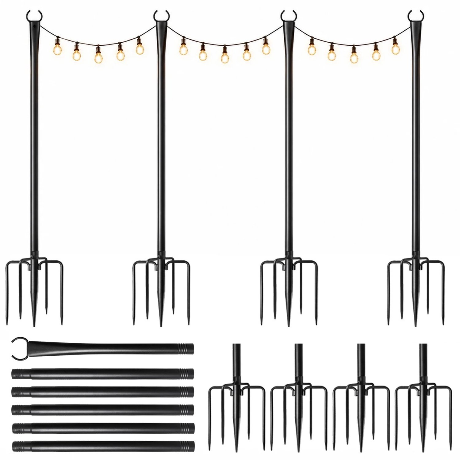 Veya Tuinverlichting palen - Lichtslinger - Feestverlichting - 305 cm hoog - Verstelbaar - Grondpen - Ophanghaak - Zwart - 6 Stuks