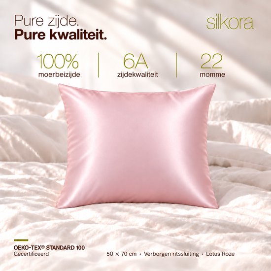 Silkora Premium Silk Pillowcase - 50x70 cm - 22 Momme 100% Moerbei Zijden Kussensloop Met Verborgen Rits - Anti-rimpel, Verkoelende, Anti-pluis - Lotus Roze — cadeau in Wonen & Interieur - foto 4