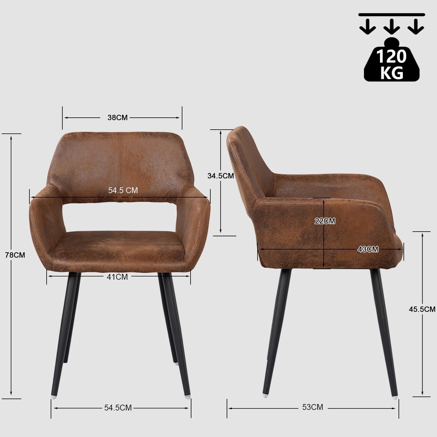 Vintage Eetkamerstoelen met Armleuningen Set van 2 – Gestoffeerde Eetkamerstoelen in Bruine Suède-Look – Ergonomische Keukenstoelen met Gewatteerde Zitting, Gebogen Rugleuning en Zwarte Metalen Poten , Woonkamer en Thuiswerkplek – 56 x 56 x 78 cm