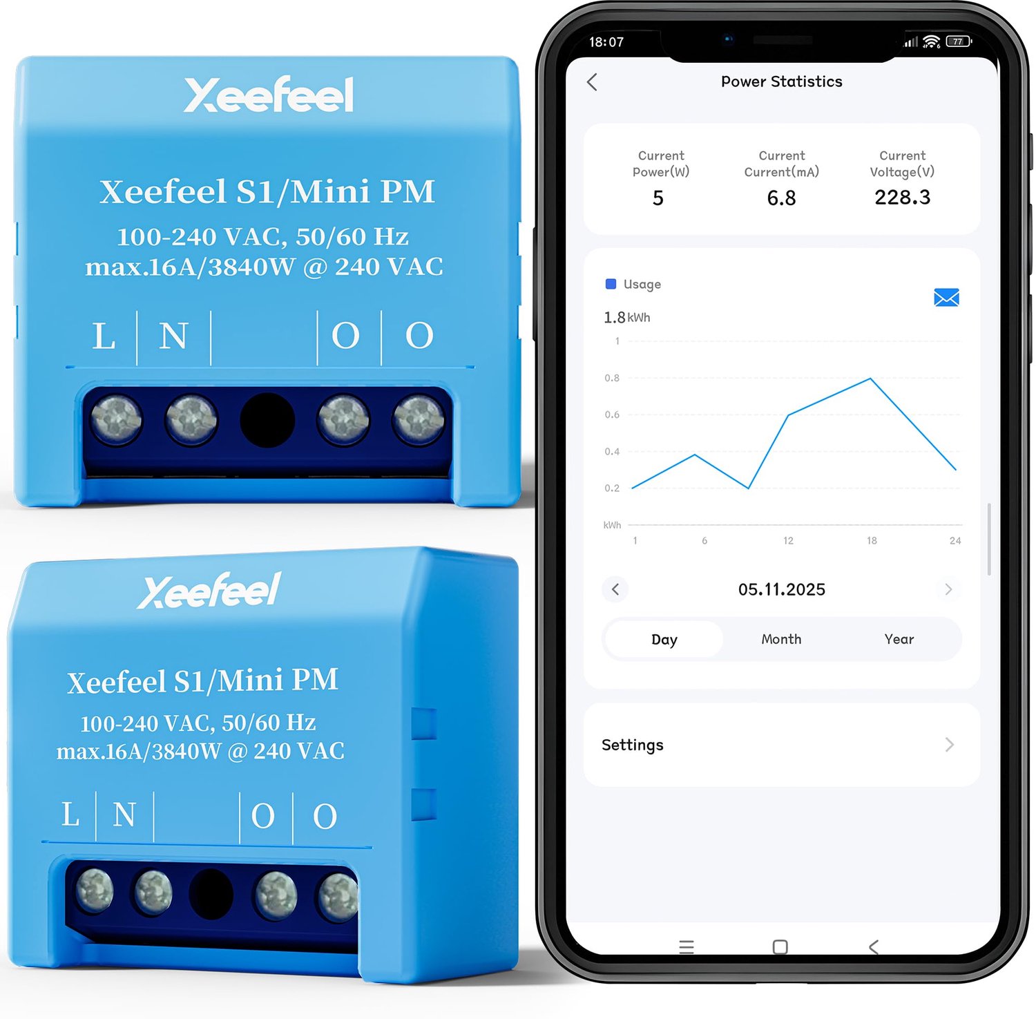 WLAN & Bluetooth slimme stroommeter, 1 kanaal, 16 A, geen relaisschakelaar, vermogensmeting, real-time energieteller, geen hub nodig, &, huisautomatisering, set van 2