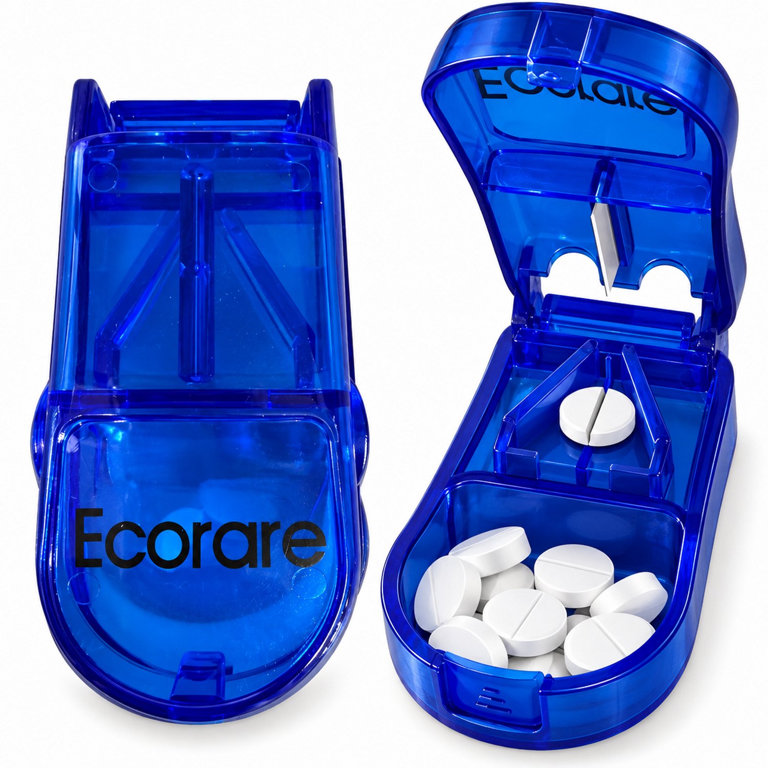 Ecorare - Pillensnijder met opslagbakje - Blauw - Voor kleine & grote pillen - BPA-vrij - Eenvoudig in gebruik - Kleine pillendoos
