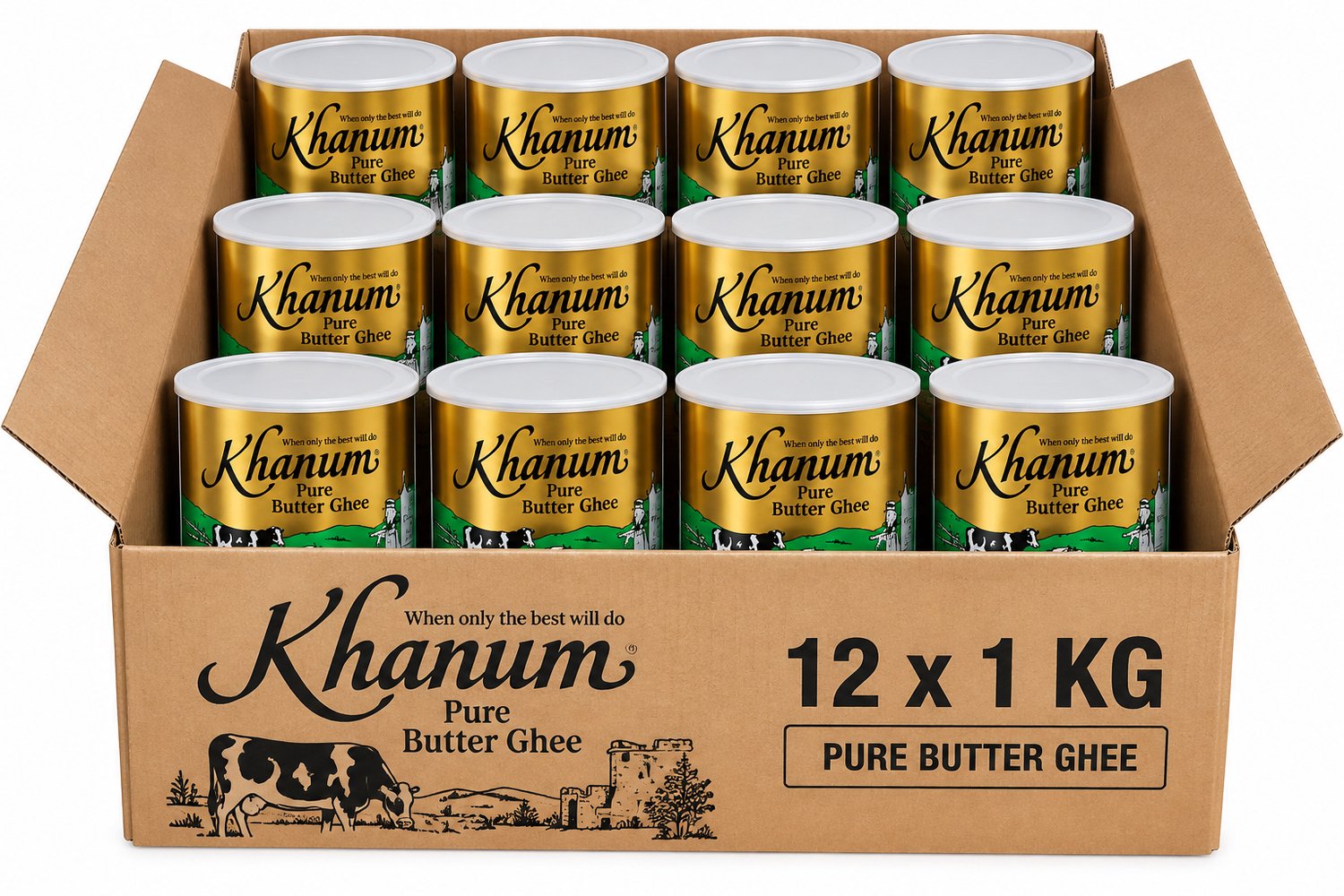 Khanum Ghee 12 x 1 kg – Pure Butter Ghee – Geklaarde Boter – Botervet – Ideaal voor Bakken, Braden en Koken – Voordeelverpakking 12 kg