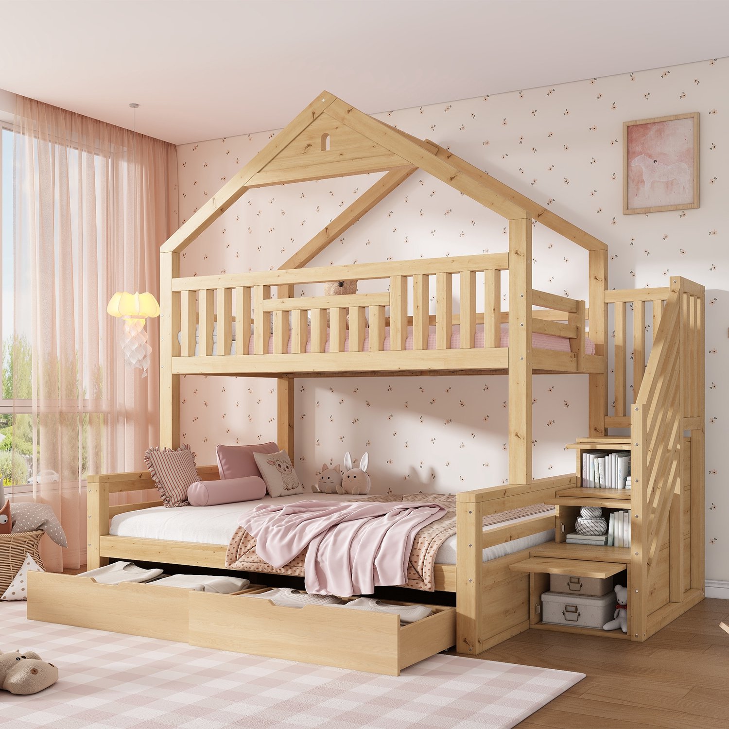 PHOEBE CAT Stapelbed - 90 x 200 cm & 140 x 200 cm - Kinderbed - Huisvorm - Met 2 lades - Eikenkleur