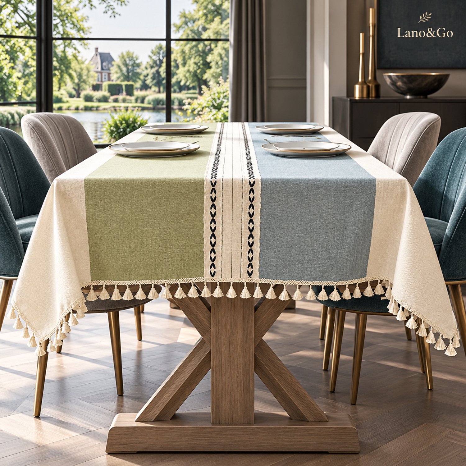Lano&Go Tafelkleed Katoen-Linnen Gestreept met Franjes en Bladborduursel, Wasbaar, Groen/Blauw/Wit