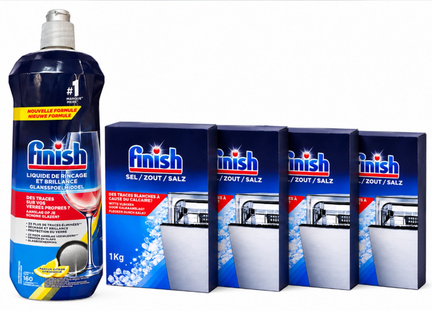 Finish Vaatwaszout 4x 1 kg + Finish Glansspoelmiddel Citroen 800 ml – Tegen Kalkaanslag en Watervlekken – Voor een Schone en Glanzende Vaat