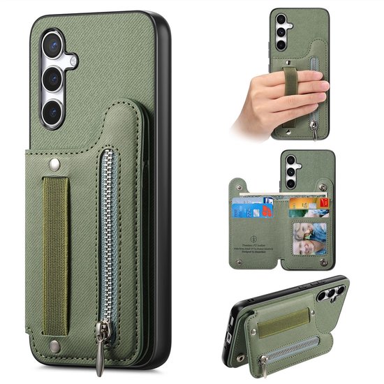 Compositie van een groen telefoonhoesje met ritssluiting, pasjeshouder, handsfree functie en staande modus.