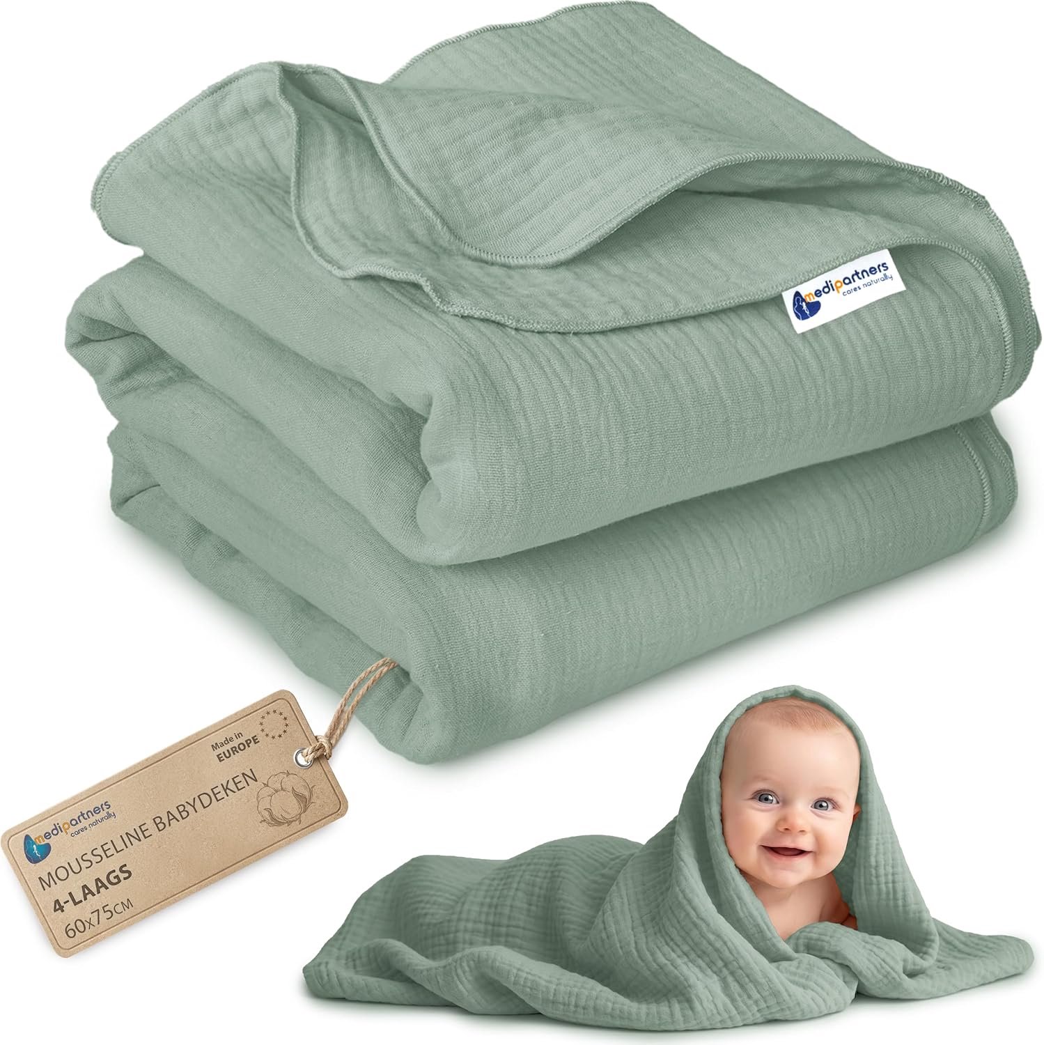 Mousseline babydeken 60x75cm - olijf - dunne zachte knuffeldeken - ideaal voor warmere dagen - m-winkel