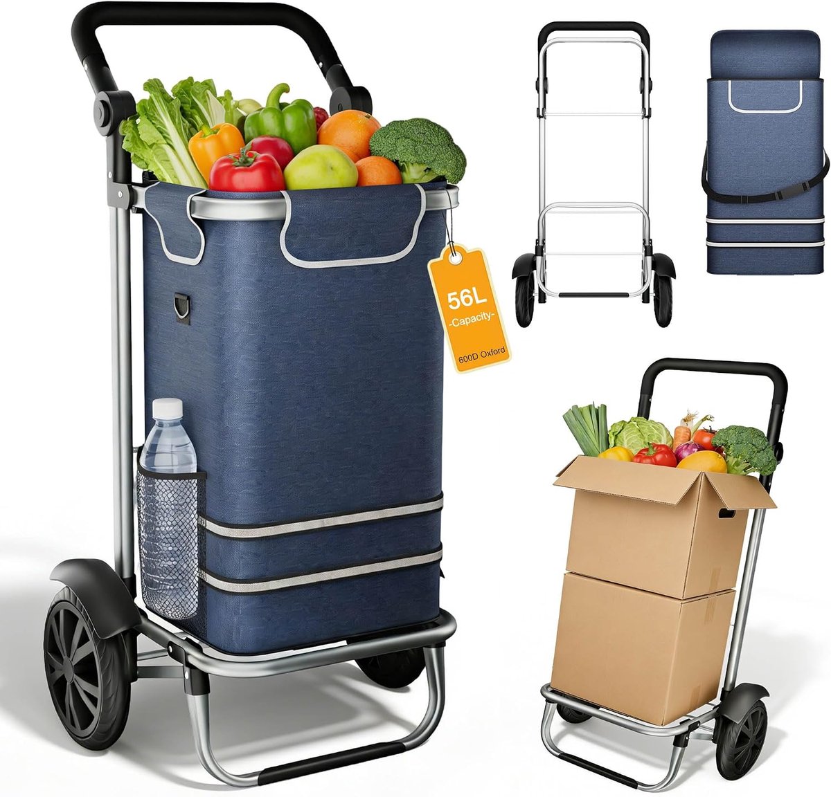 Boodschappentrolley, inklapbaar, 56 liter, aluminium frame, ontwerp met 3 wielen, waterdichte Oxford-tas, 3-in-1 trolley, opvouwbare handwagen met koelvak, tot 30 kg, voor boodschappen en reizen