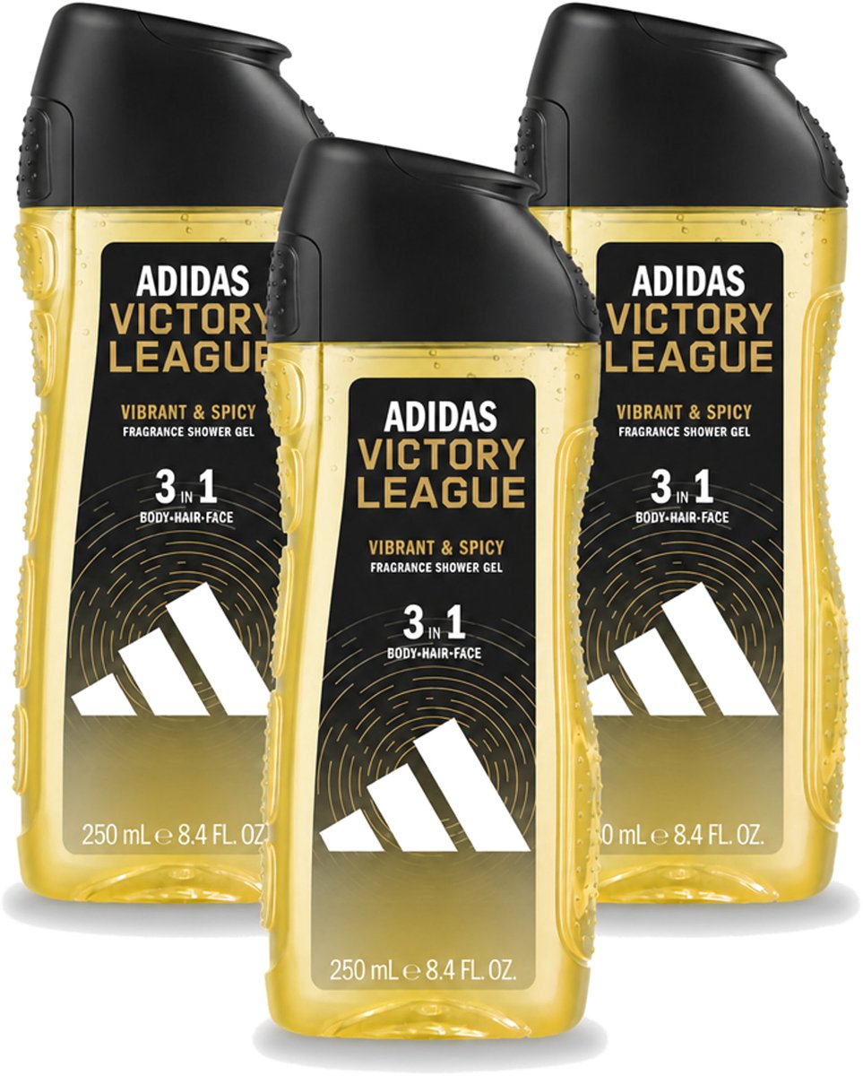 3 x Adidas - 3-in-1 Douchegel - Victory League - Vibrant & Spicy - Gerecyclede Verpakking - 250 ml - Voordeelverpakking - 3 stuks