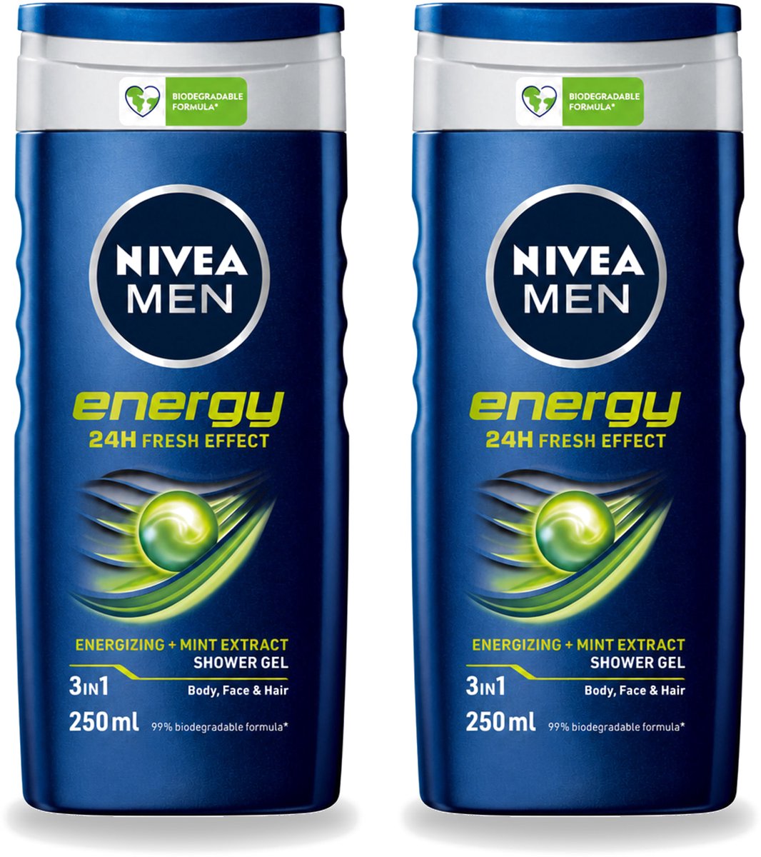 2 x Nivea - Men - Energy Douchegel - Langdurig Fris Gevoel - 250 ml - Voordeelverpakking - 2 stuks