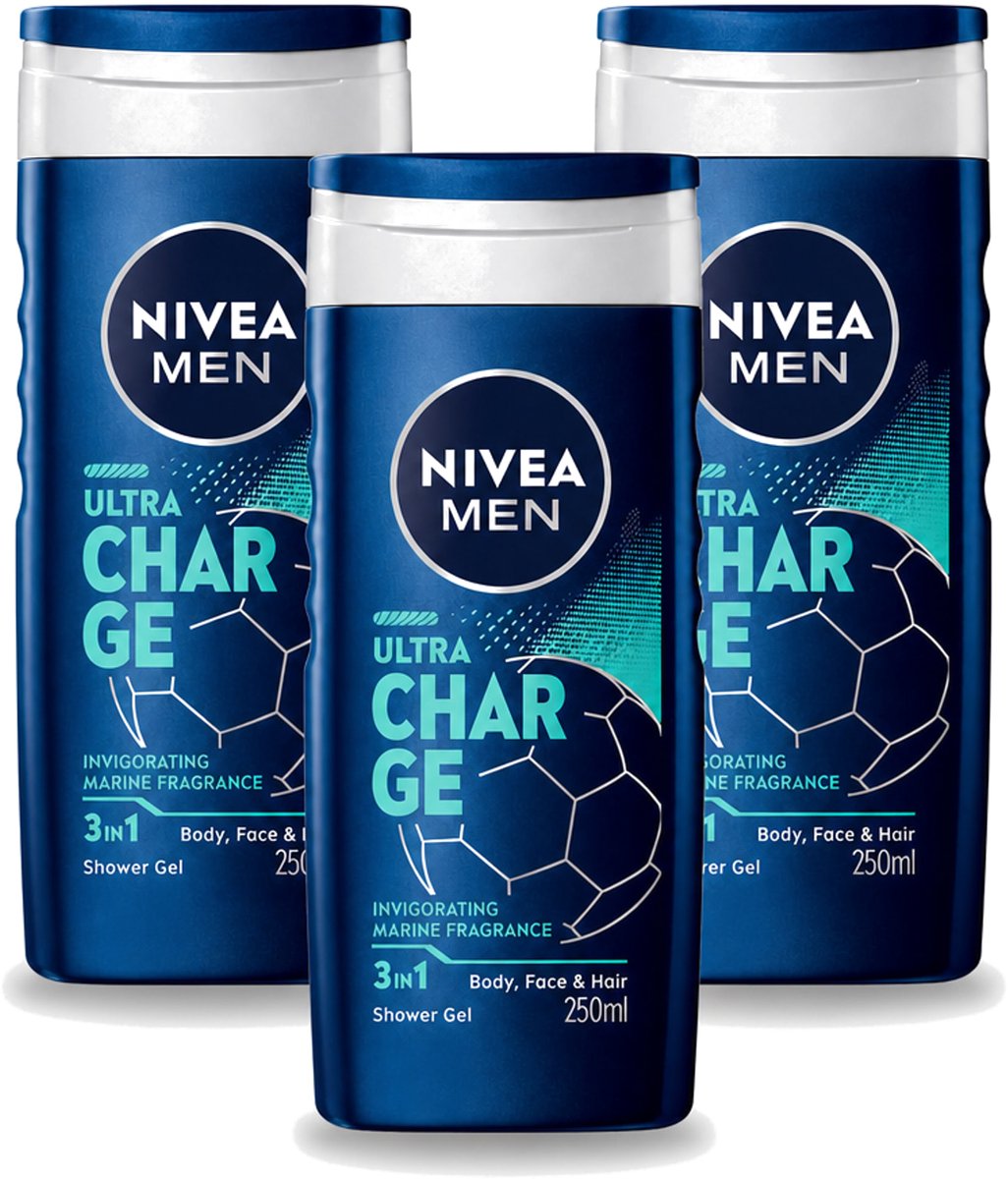 3 x Nivea Men – Douchegel – Ultra Charge – 250 ml - Voordeelverpakking - 3 stuks