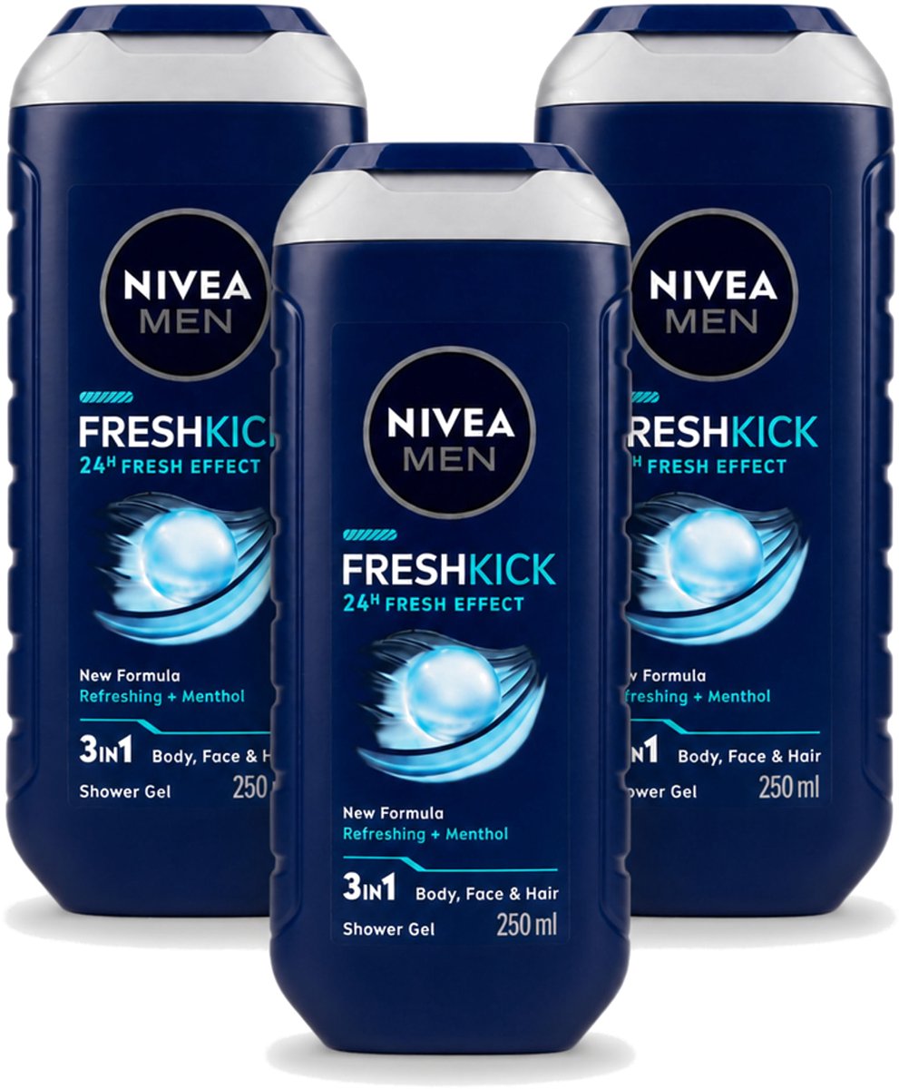 3 x Nivea Men – Douchegel – Fresh Kick – 250 ml - Voordeelverpakking - 3 stuks