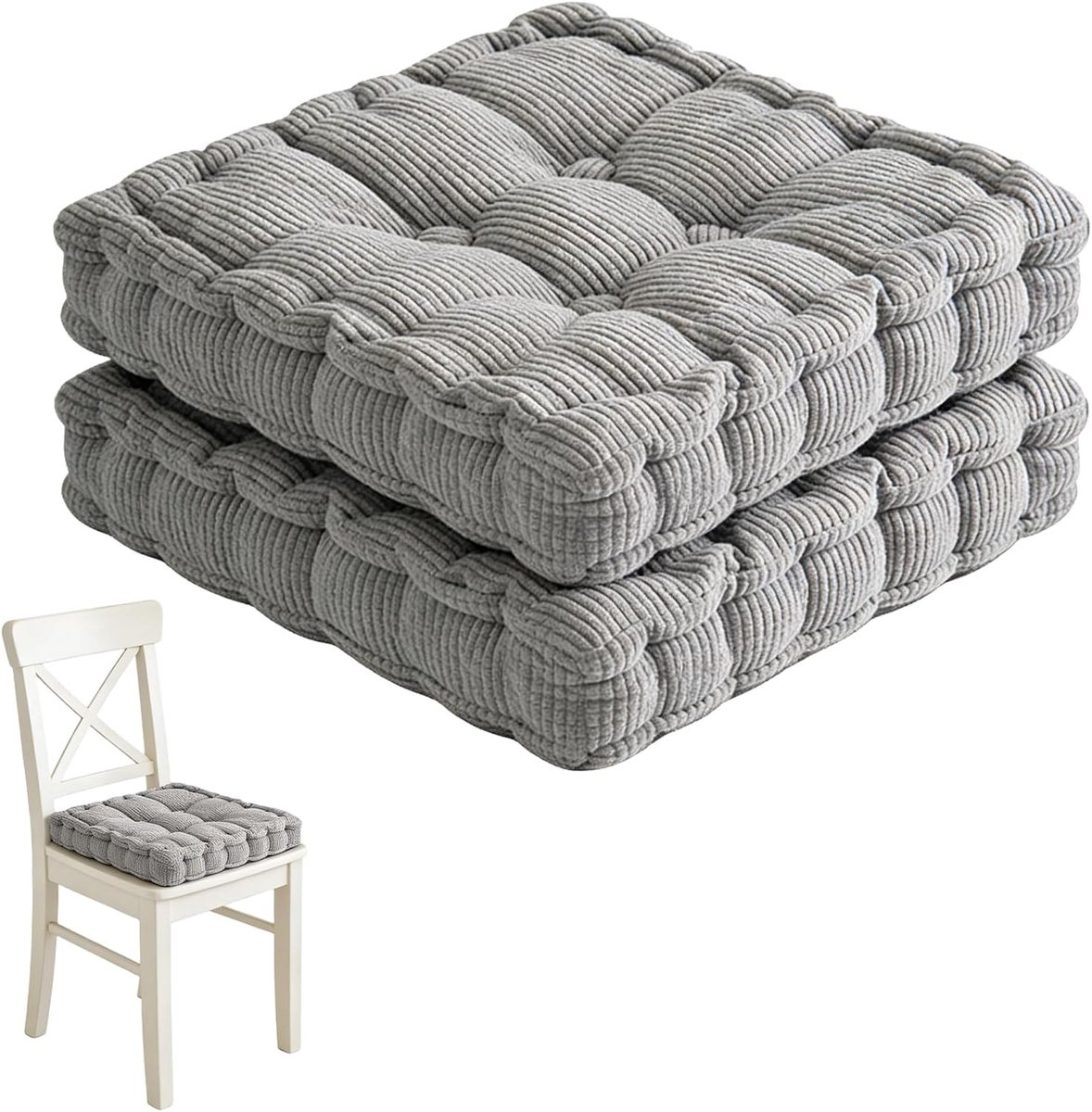 Set van 2 Zitkussen, 40 x 40 cm Stoelkussens, Voor Buiten,Dik matraskussen 8cm,100% Katoen,Stoelkussen Voor Binnen en Buiten, Bank, Tuinstoel, Zacht Kussen Voor Huis, Woonkamer, Eetkamer (Lichtgrijs)