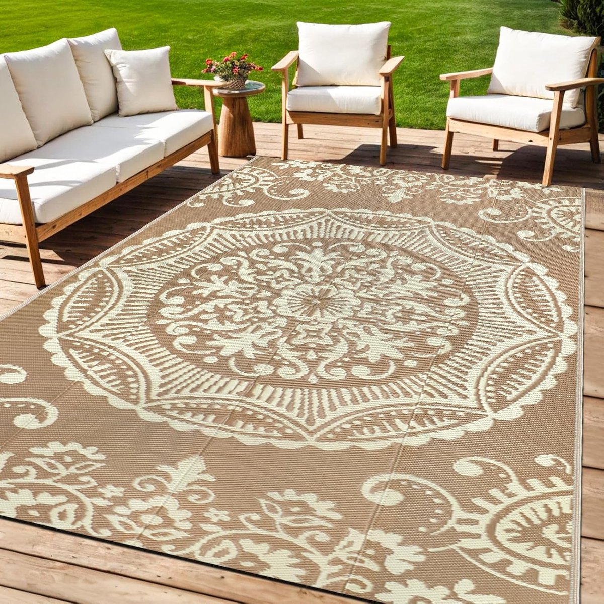 Outdoor tapijt, weerbestendig, 150 x 245 cm, balkontapijt, kunststof campingtapijt, lichtgewicht picknickdeken, voortenttapijt, outdoortapijt voor balkon, picknick, camping, tuin, beige