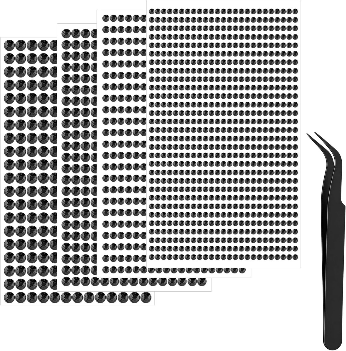 1792 Stuks Zwarte Plaksteentjes | 4 Maten Acryl Vlakke Achterkant Glitterstenen voor Knutselen | Zelfklevende Rhinestones met Pincet voor DIY Projecten