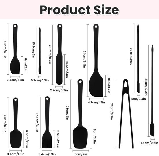 Deegschraper, Set Hittebestendige Spatels, 10Stk, Zwart — afbeelding 2