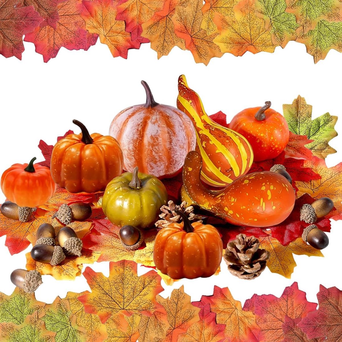 50 stuks pompoen herfst decoratie set, kunstmatige pompoenen set, nep pompoenen esdoornblad decoratie set, esdoornbladeren eikels dennenappels, voor herfst Thanksgiving decoratie