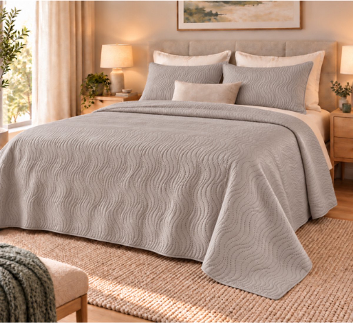 Luxe bedsprei / cover – Taupe – 220 × 240 cm- golfpatroon