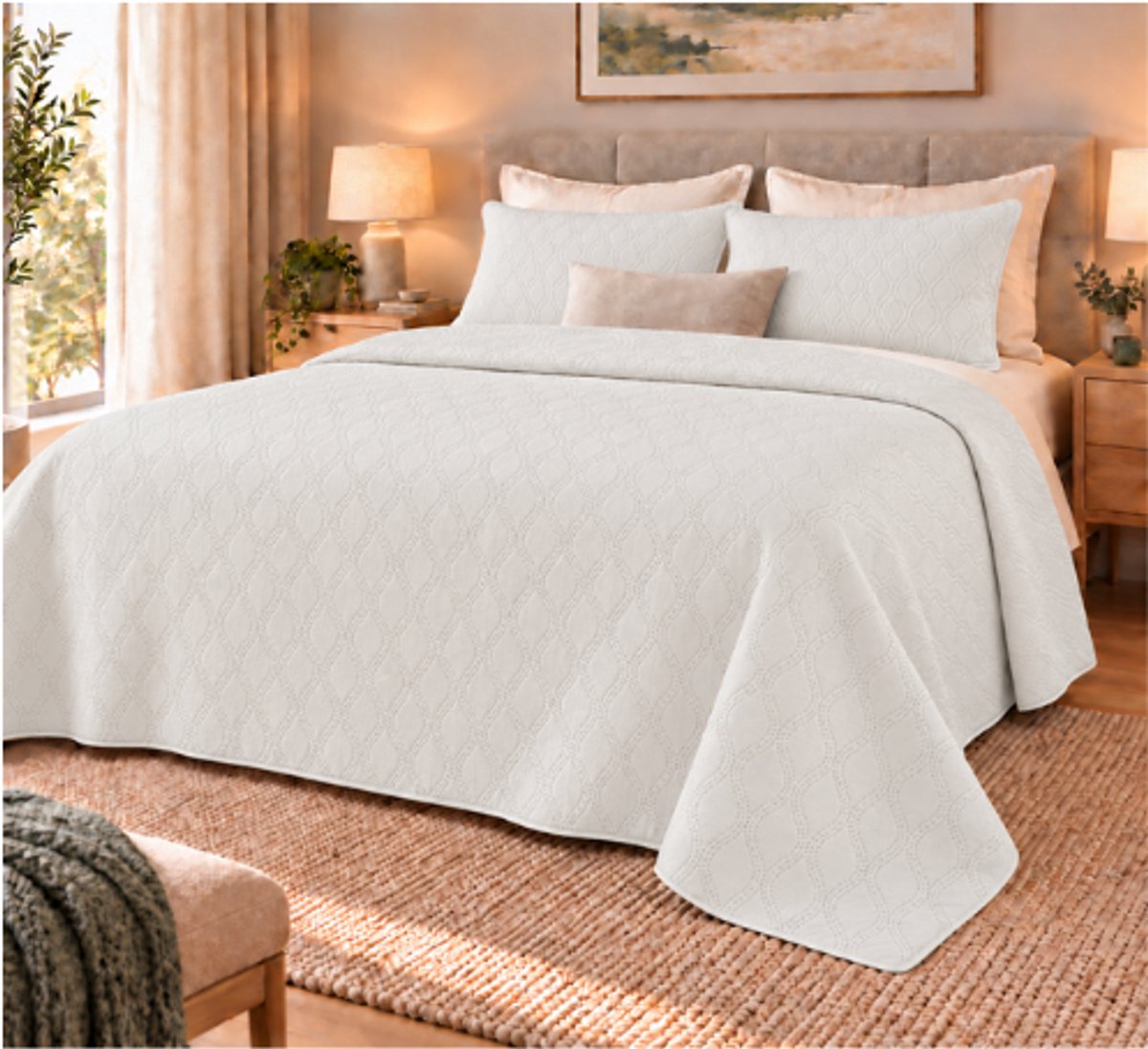 Luxe bedsprei / cover – Ivoor wit – 220 × 240 cm- ruit patroon