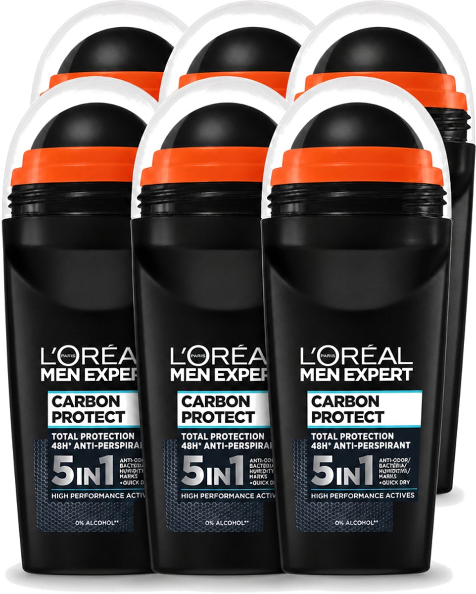 6 x L’Oréal Paris Men Expert – Deodorant Roller – Carbon Protect 5-in-1 – 50 ml - Voordeelverpakking - 6 stuks