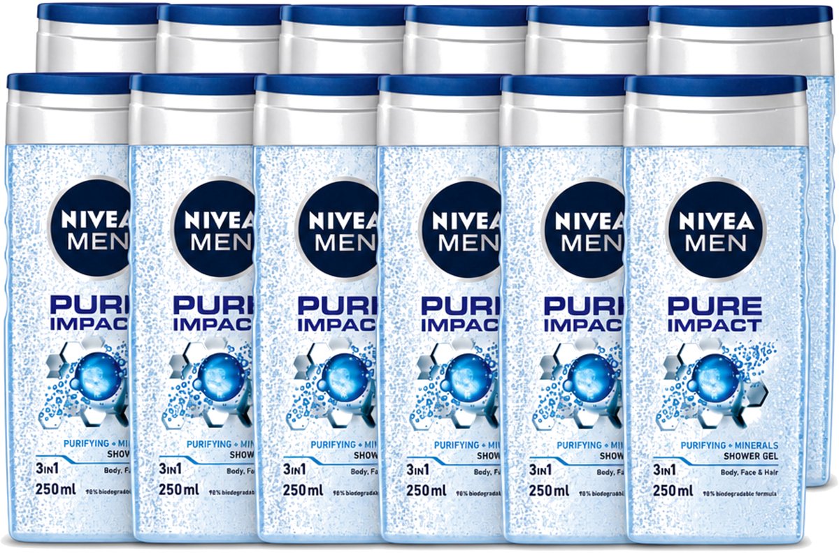 12 x Nivea Men – Douchegel – Pure Impact – 250 ml - Voordeelverpakking - 12 stuks